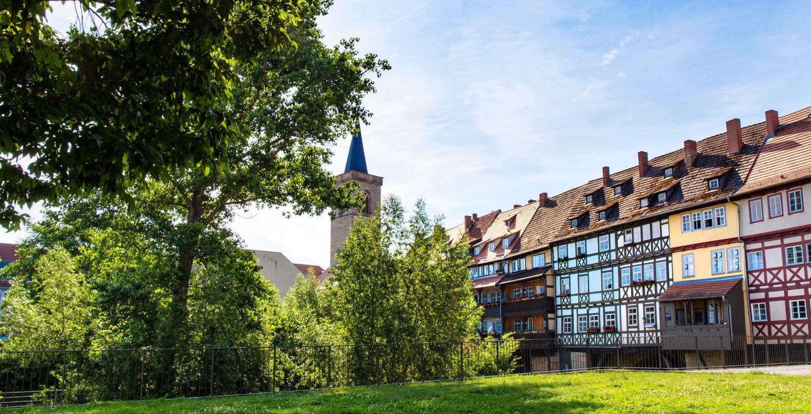 Bunte Fachwerkhäuser grenzen an einen Park.