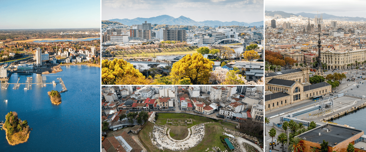 Luftaufnahmen von Espoo, Okayama, Larissa und Barcelona