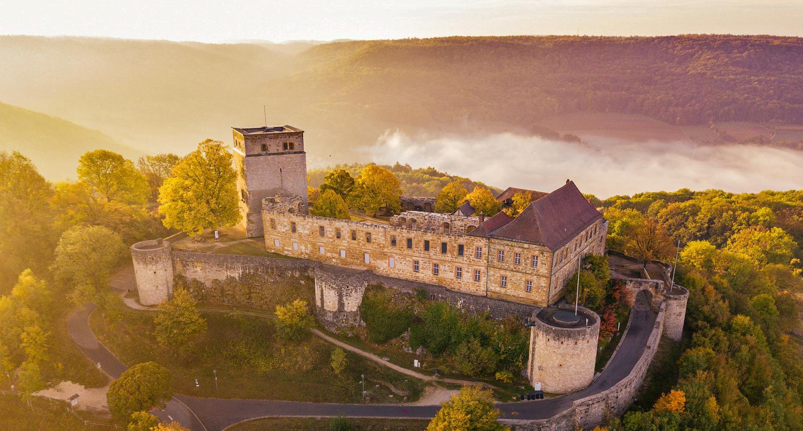 Eine Burg auf einem bewaldeten Berg. Im Hintergrund weitere Berge.