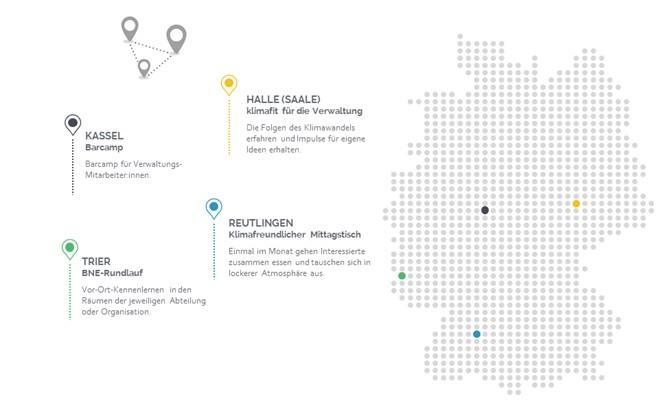 Deutschlandkarte in grau, mit vier verschieden farbigen Markierungen, die die Städte Kassel, Trier, Reutlingen und Halle (Saale) markieren.