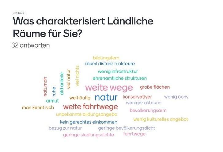 Viele verschiedene Begriffe in unterschiedlichen Farben und Schriftgrößen, die anzeigen, wie häufig sie genannt wurden; besonders groß sind die Begriffe "weite wege", "Natur" und "weite Fahrtwege".