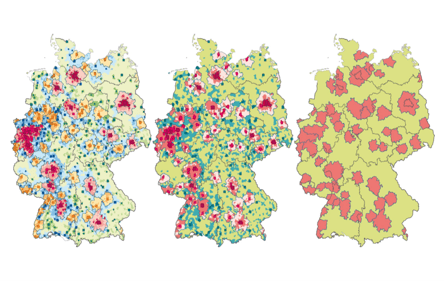 Drei Deutschlandkarten nebeneinander, die ländlichen und städtischen Raum unterschiedlich zeigen; die Karte ganz links zeigt sehr viele unterschiedliche Abstufungen, die Karte in der Mitte wenige Abstufungen und die Karte ganz rechts zeigt nur zwei verschiedene Farben, eine für städtische Räume und eine andere für ländliche.
