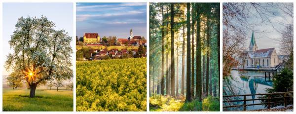 Eine Collage zeigt Wälder, Felder und kleinere Ortschaften im Alb-Donau-Kreis zu verschiedenen Jahreszeiten.